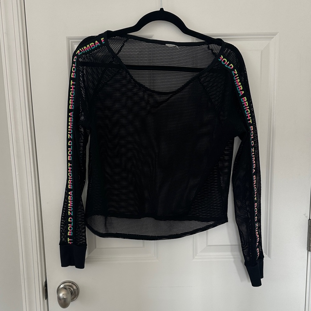 Zumba Fitness Black Mesh Long Sleeve Crop Top with Multicolor Trim